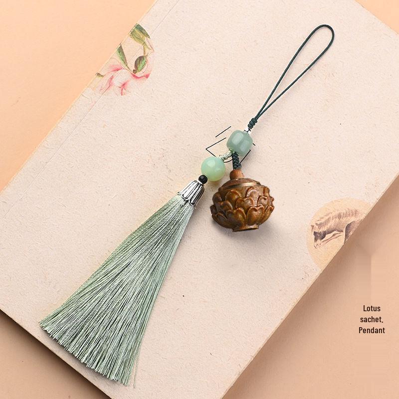 Green Sandalwood Carved Pendant with Tassel - Bag Charm, Scented Sachet, or Phone Accessory Ornament