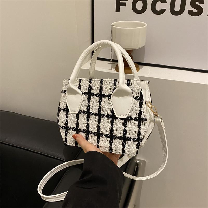 Trendy Fashionable Small Square Shoulder Bag In Black White And Plaid For Everyday Use