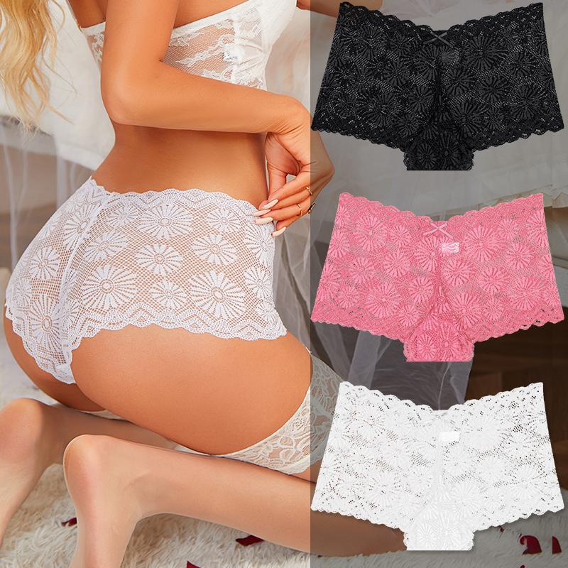 FINETOO 3Pcs Women Mid Waist Plus Size Panties Lace Mesh Floral Transparent Briefs Underwear Solid Seamless Underpants Lingerie