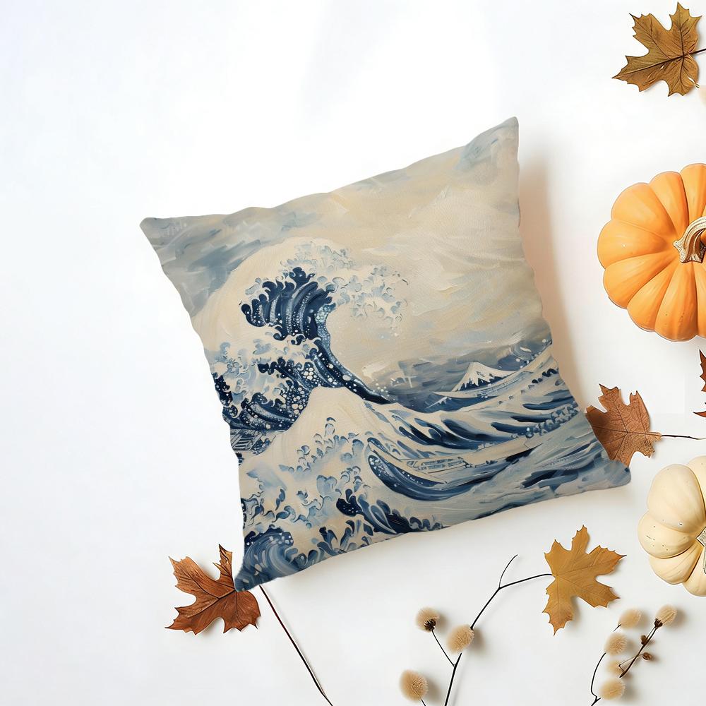 HHokusai Great Wave Cushion Cover Washable Linen Pillowcase Soft for Daily Sofa Bed Home Room Decor