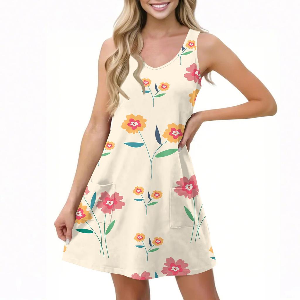 Женское повседневное летнее платье-жилет с карманами, цветочным принтом, V-образным вырезом, без рукавов