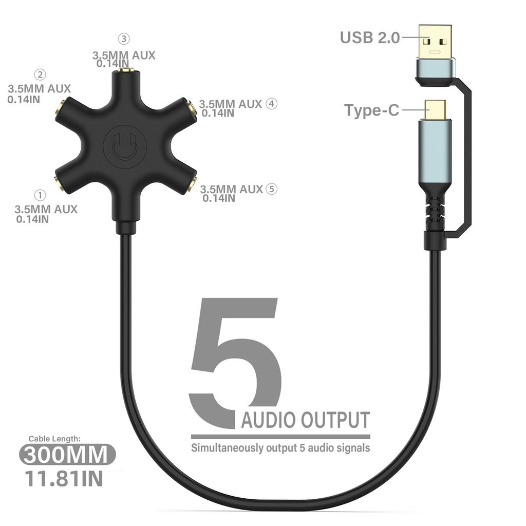 Type C/USB Splitter Adapter Cable Converters Cord Connection 5pcs 3.5mm Headphones or Simultaneously