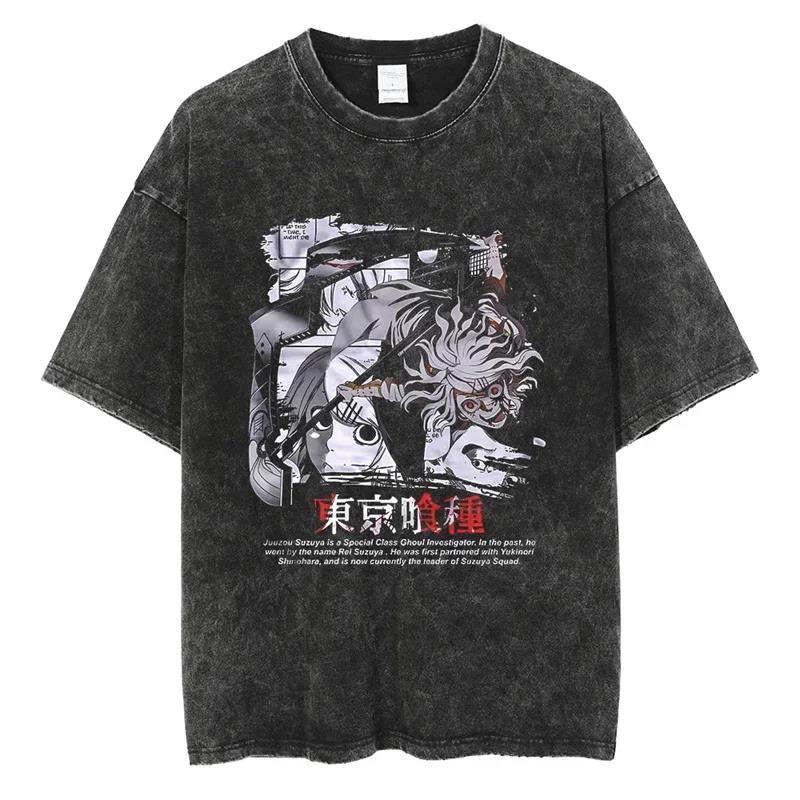 Горячее Аниме Токийский Гуль Красная Паучья Лилия Графическая Выстиранная Футболка Мужская Винтажные Футболки Y2k Хлопковая Футболка Харадзюку Мужские Повседневные Топы