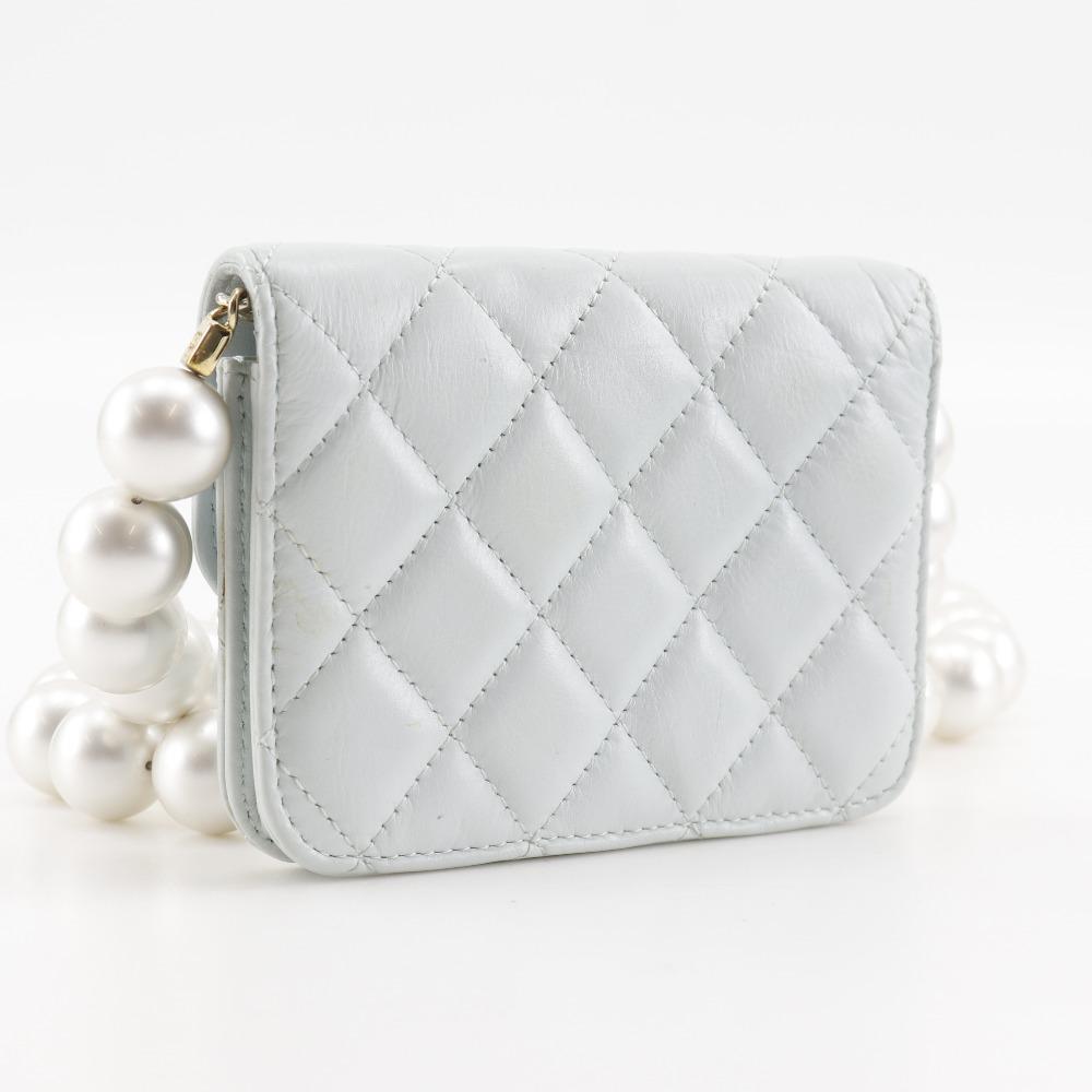 CHANEL Pearl strap flap wallet Shoulder Bag AP1838 Matelasse light blue leather/Fake pearl Women Used