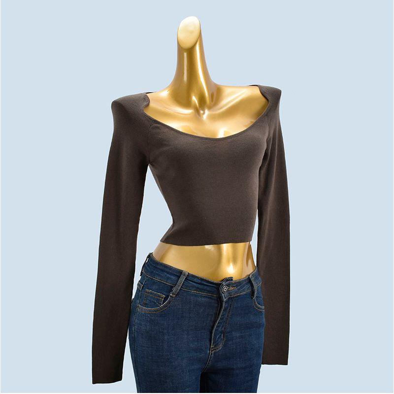 French Style off-Neck off-Shoulder Knitwear Female Spring & Fall New Design Sense Short Exposed Navel Slim Long Sleeve Top