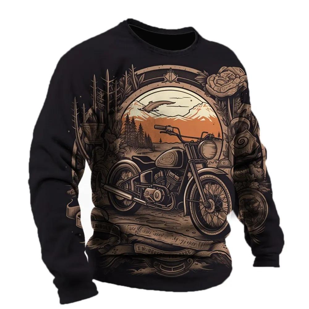 2024 Винтажная мужская футболка с рисунком мотоцикла Футболки с длинным рукавом с 3D-принтом Одежда Графическая уличная одежда больших размеров Мужская одежда
