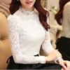 Women's Plus Size Solid Colour Slim Standing Collar Long Sleeve Lace Bottom Shirt Peplum Pullover Shirt
