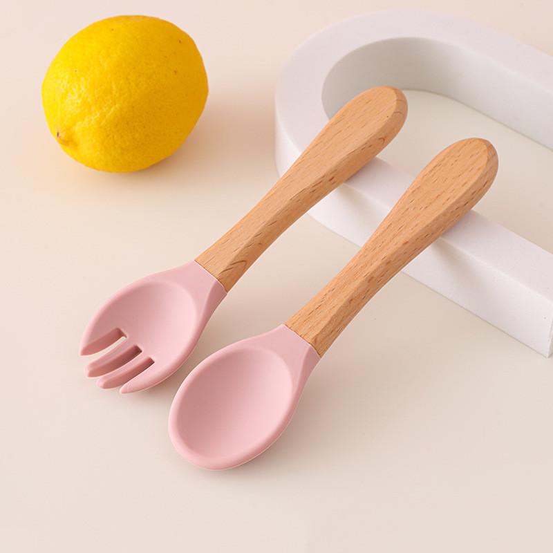Детская деревянная ручка силиконовая вилка и ложка Главная Дополнительный набор деревянная ручка силиконовая вилка и ложка детская ложка для кормления устойчивая к падениям