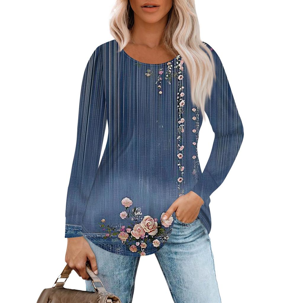 Женская модная повседневная плиссированная футболка с круглым вырезом и принтом, с длинным рукавом