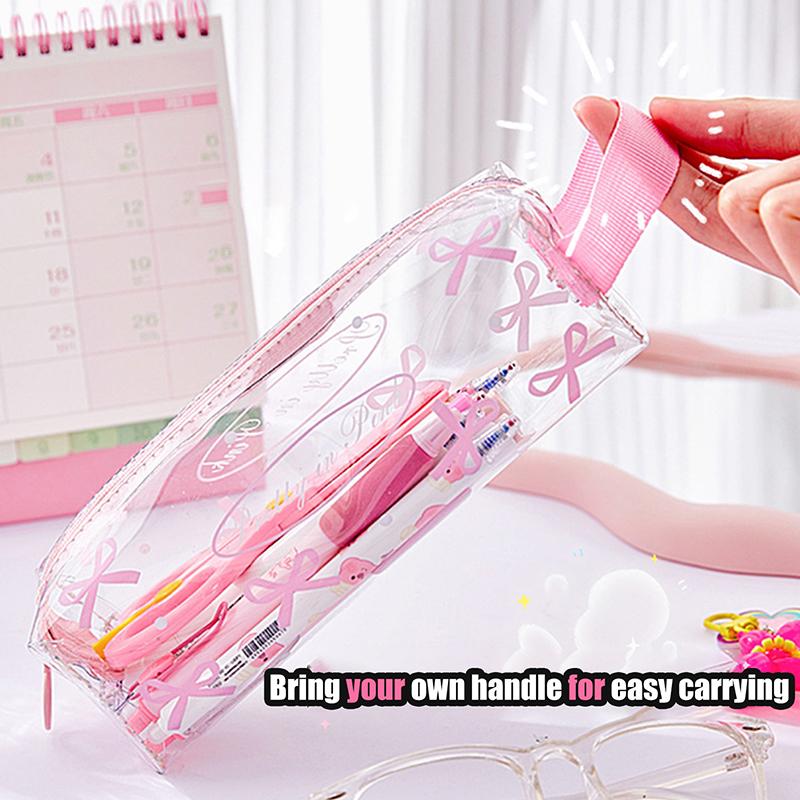 Kawaii Bow Pencil Case Large Capacity Double Layer Transparent Portable Pencil Case School Student Stationery Supplies