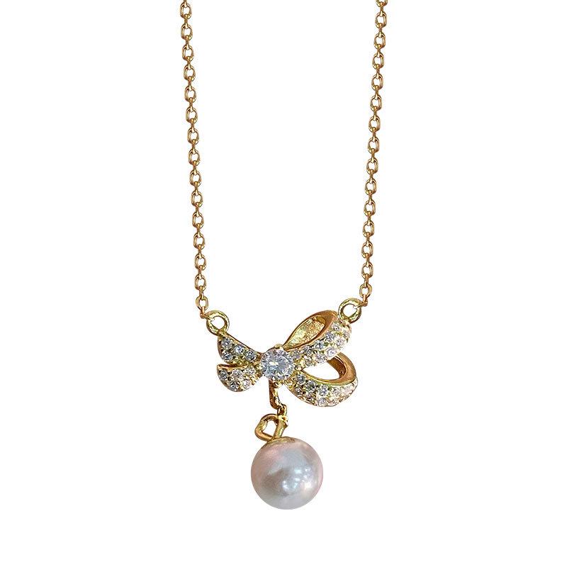 Ожерелье с жемчугом и бантом на груди Sweet Niche Design Sense Clavicle Chain Temperament Super Fairy