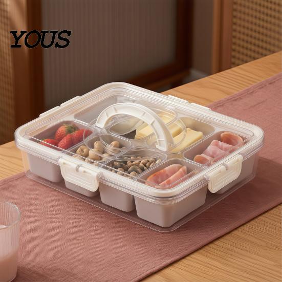 Раздельный контейнер для закусок с крышкой Snackle Box, Сервировочный поднос и ручка из нержавеющей стали, Большой 8-секционный для хранения продуктов пищевого качества для кемпинга