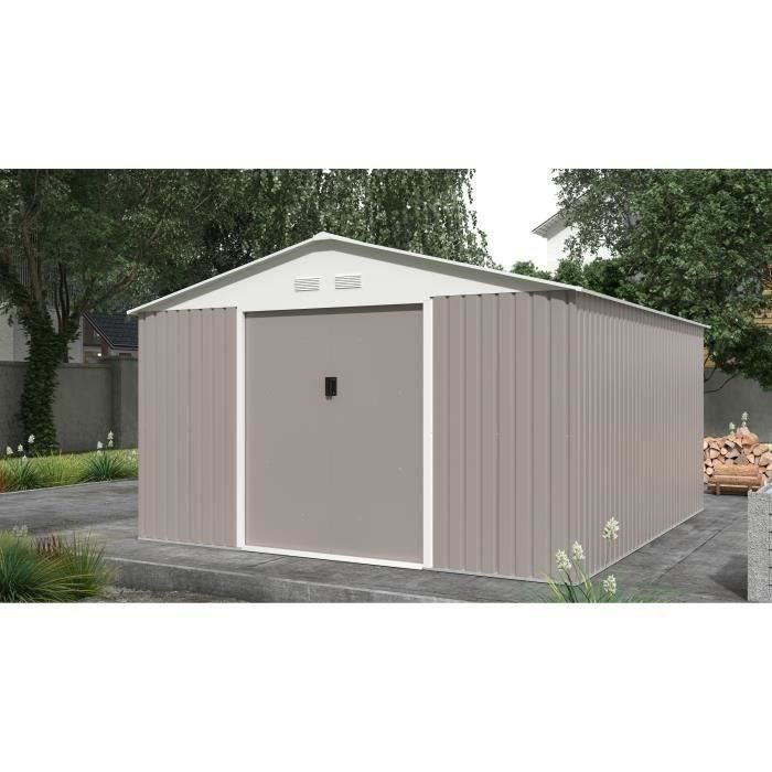 Metal Garden Shed 12.99 M² - 340 X 382 X 210 Cm - NEPTUNE - Anchoring Kit Included, 2 Sliding Doors - Taupe