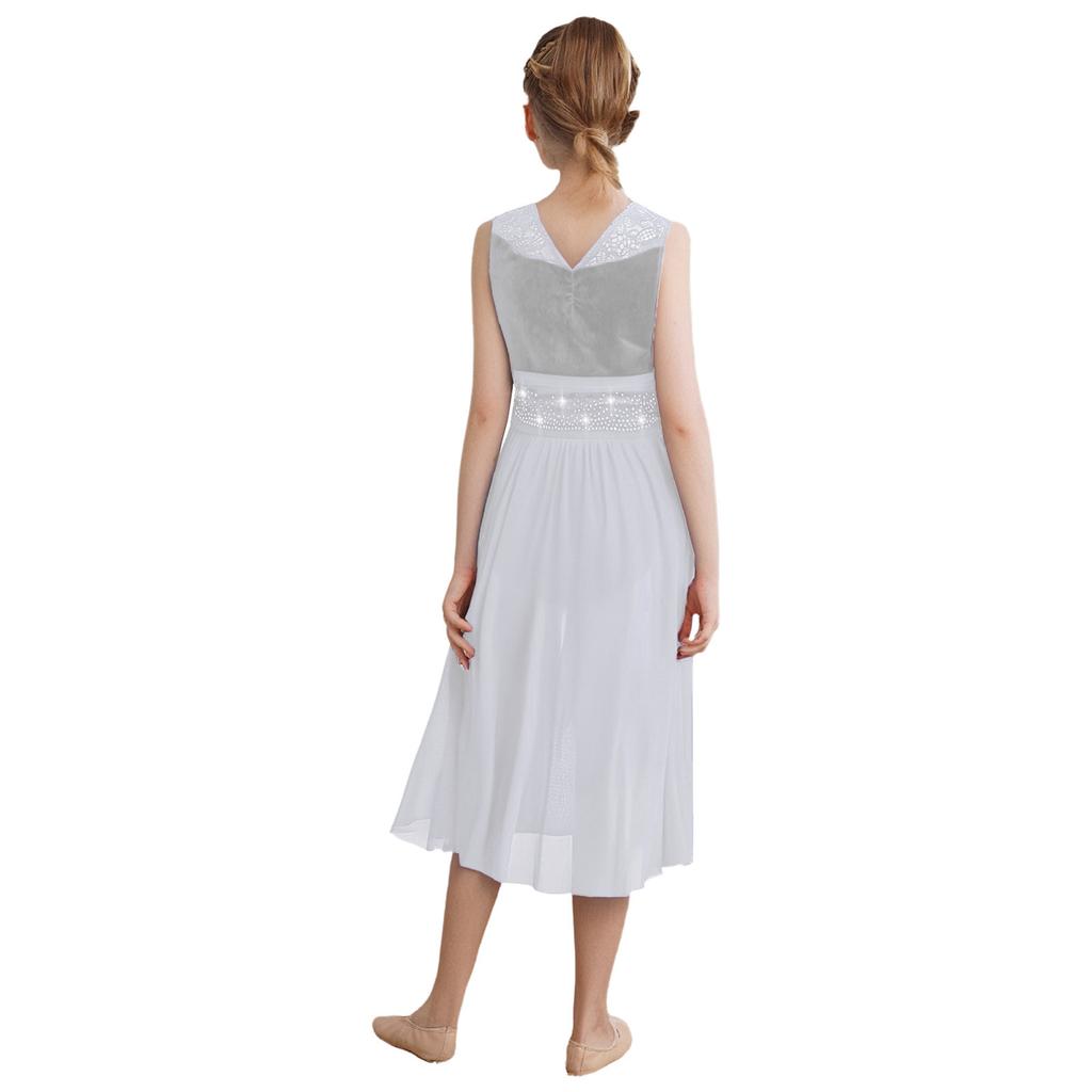 Платье для девочек с кружевной вставкой, сборчатой сетчатой накладкой, асимметричным подолом и сверкающими стразами, костюм для лирического танца