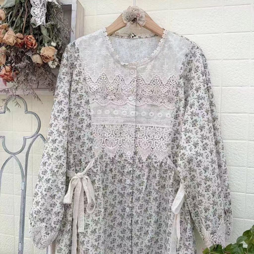 Huimei 1116 spring new women's round neck Japanese cotton shirt loose shirt top embroidery literary style ins