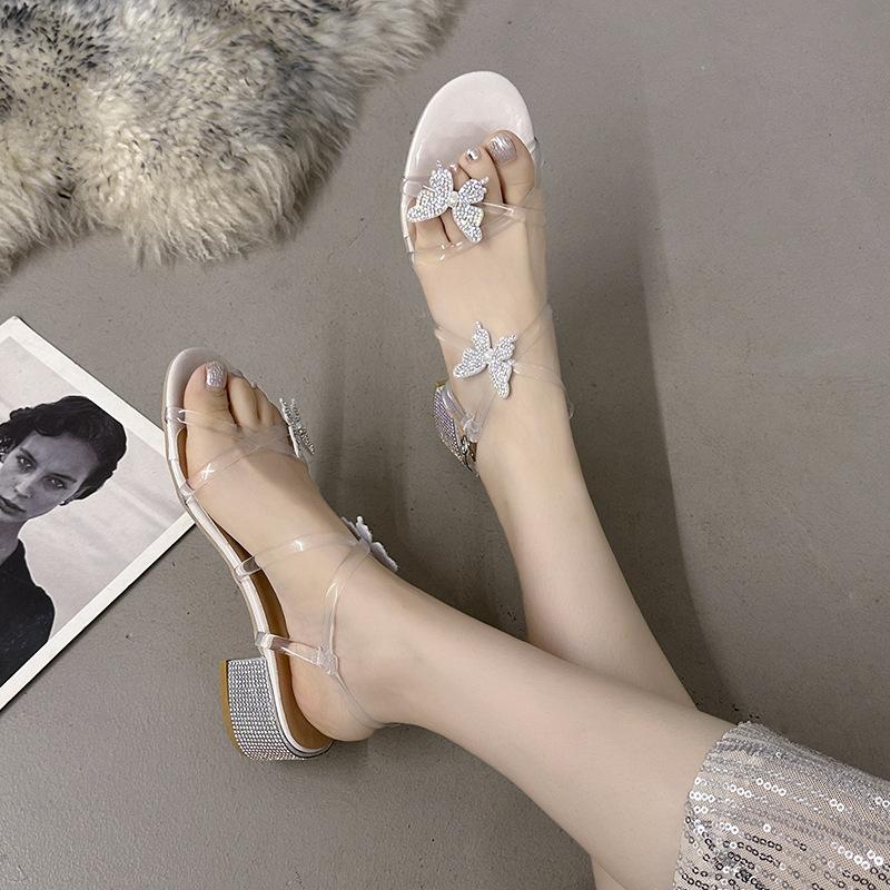 Туфли на высоком каблуке женские, лето 2025, новые, фея, ветер, стразы, бант, круглая головка, открытый носок, толстый каблук, универсальные сандалии женские