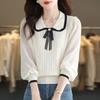 Ice Silk Top Women's Autumn New Knitted Bottoming Shirt Season Doll Collar Splicing Shirt