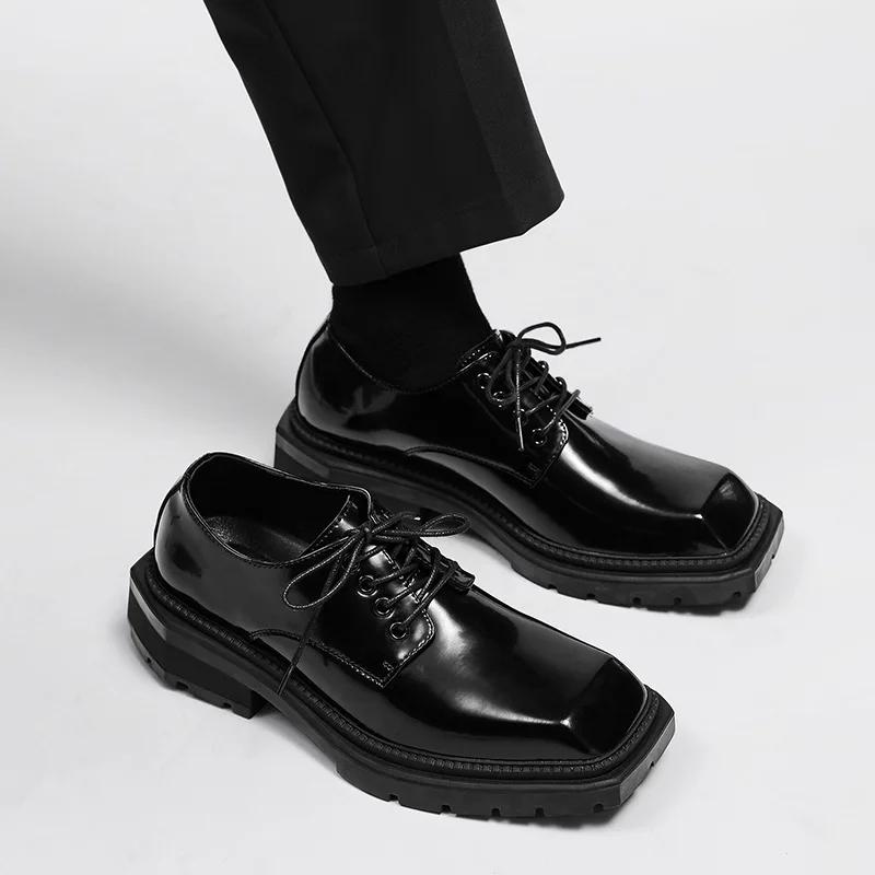 Fashion Men's Shoes New Square Head Leather Shoes Fashion Casual Formal Dress Loafers for Men Lace-up Black British Business Work Shoes