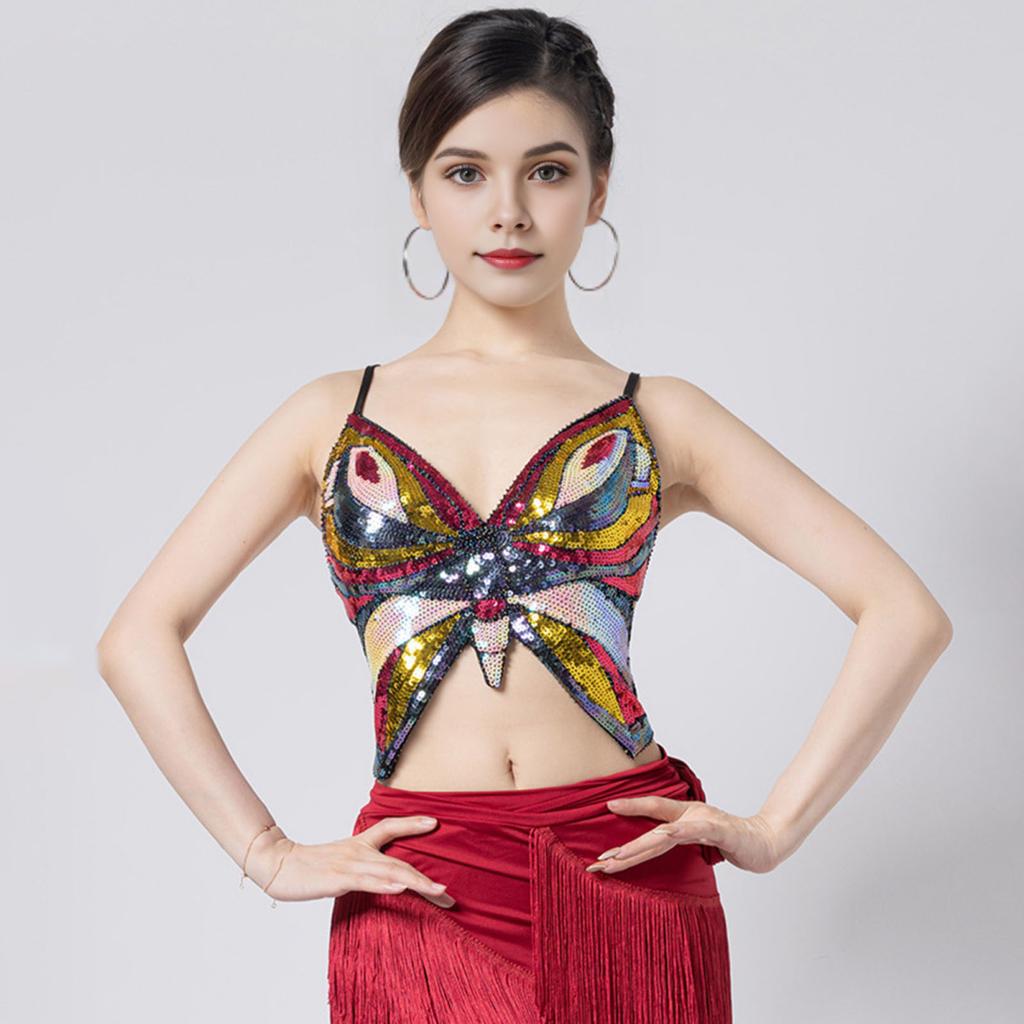 Женский костюм для танца живота, укороченный топ с открытой спиной, без рукавов, с пайетками, костюм для латинских танцев, бандажный жилет с регулируемыми резинками, праздничный топ