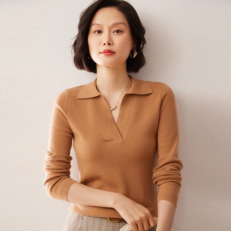 Women's Loose Cashmere Polo Neck Sweater - Autumn/Winter Long Sleeve Knit Pullover