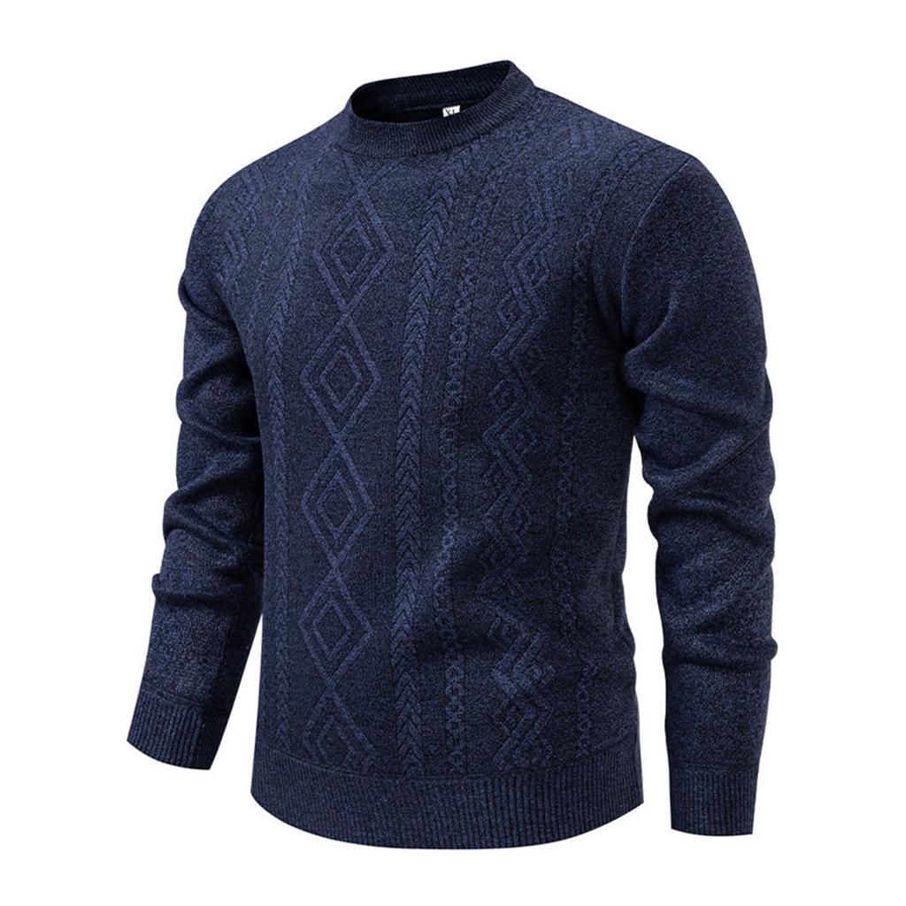 Men's Solid Color Textured Sweater Plus Velvet Thickened Casual Round Neck Warm Knitted Pullover