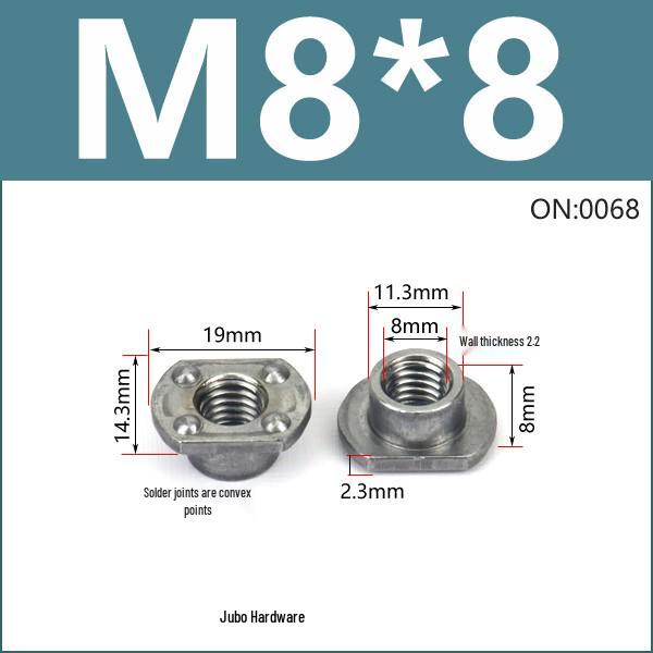 Thickened Welded T-Nut, Cold Heading Iron Plate, Round Imperial Fine Thread, Natural Color, Sizes M6/M8/M10.