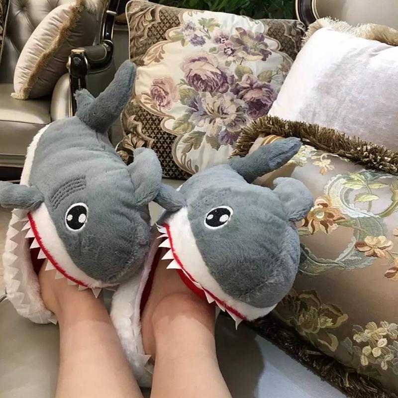 Теплые тапочки Плюшевые Забавная акула Женская зимняя обувь Мультяшная акула Меховые тапочки Милые домашние тапочки Мужские зимние домашние тапочки