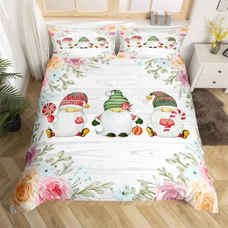 Spring Flower Gnomes Duvet Cover Romantic Rose Floral Bedding Set Microfiber Lovely Christmas Dwarf Quilt Cover Twin King Size