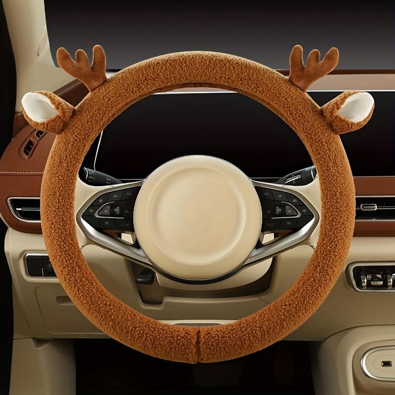 Plush Reindeer Antler Design Steering Wheel Cover Winter Universal Soft Fluffy Handbrake Shift Cover Auto Interior Accessories.