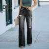 Women Jeans with Pockets High Waist Ripped Solid Color Full Length Pants Straight Wide Leg Trousers for Daily Commuting
