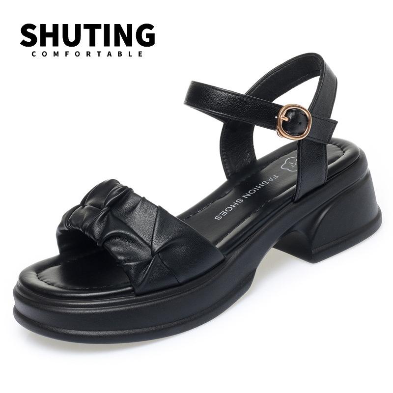 Fashion Elegant Platform Outdoor One Word Sandals Buckles Black Comfort Soft Sole Summer 2025 New Women's Casual Shoes