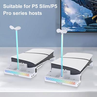 RGB Горизонтальная подставка для консоли с охлаждающей подставкой-станцией для PS5 PRO/Slim, стойка для зарядки двух контроллеров, держатель для консоли и гарнитуры