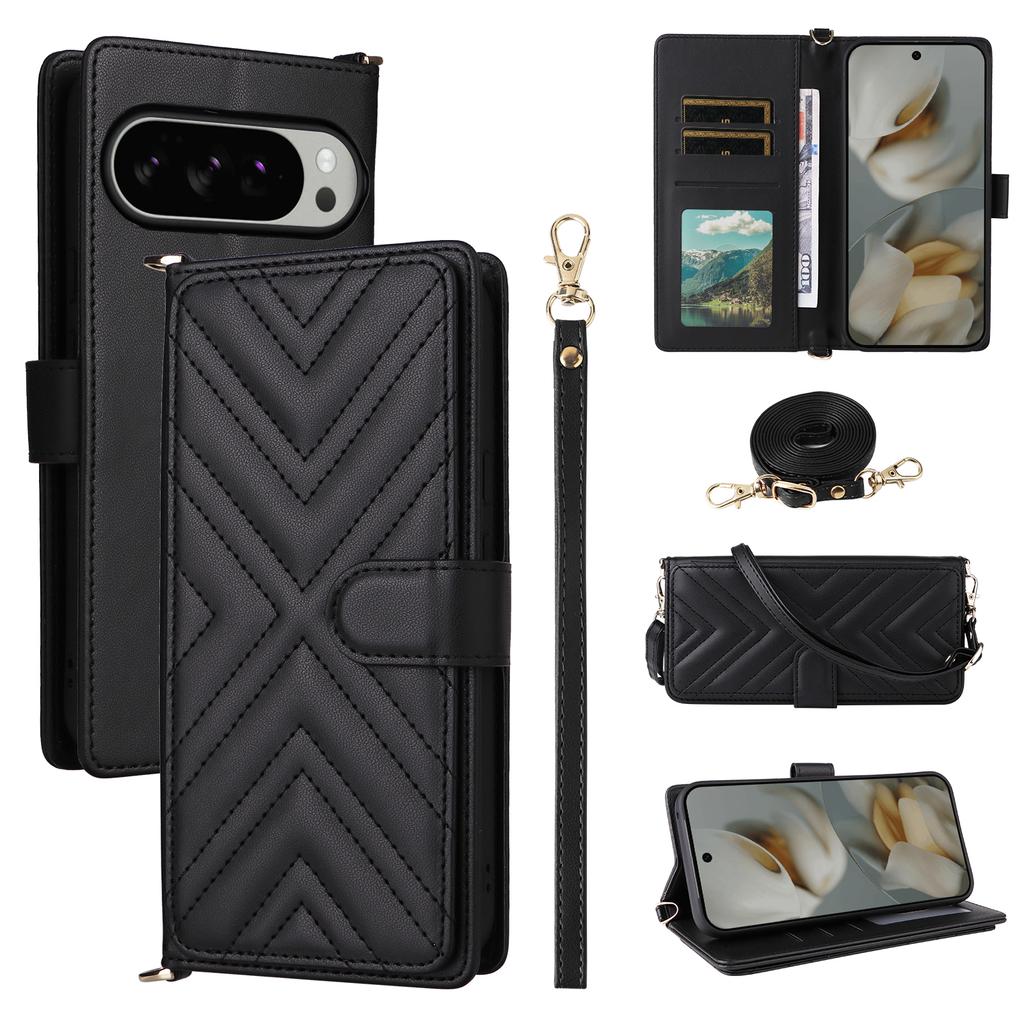 For Google Pixel 10 Pro XL Case with Shoulder/Wrist Strap Leather Phone Cover Stand Wallet
