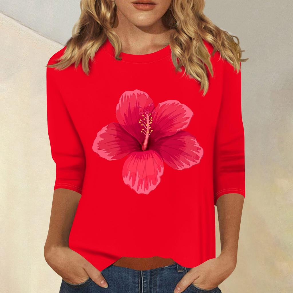 Women's Fashion Casual Printed Seven Sleeve Round Neck Top