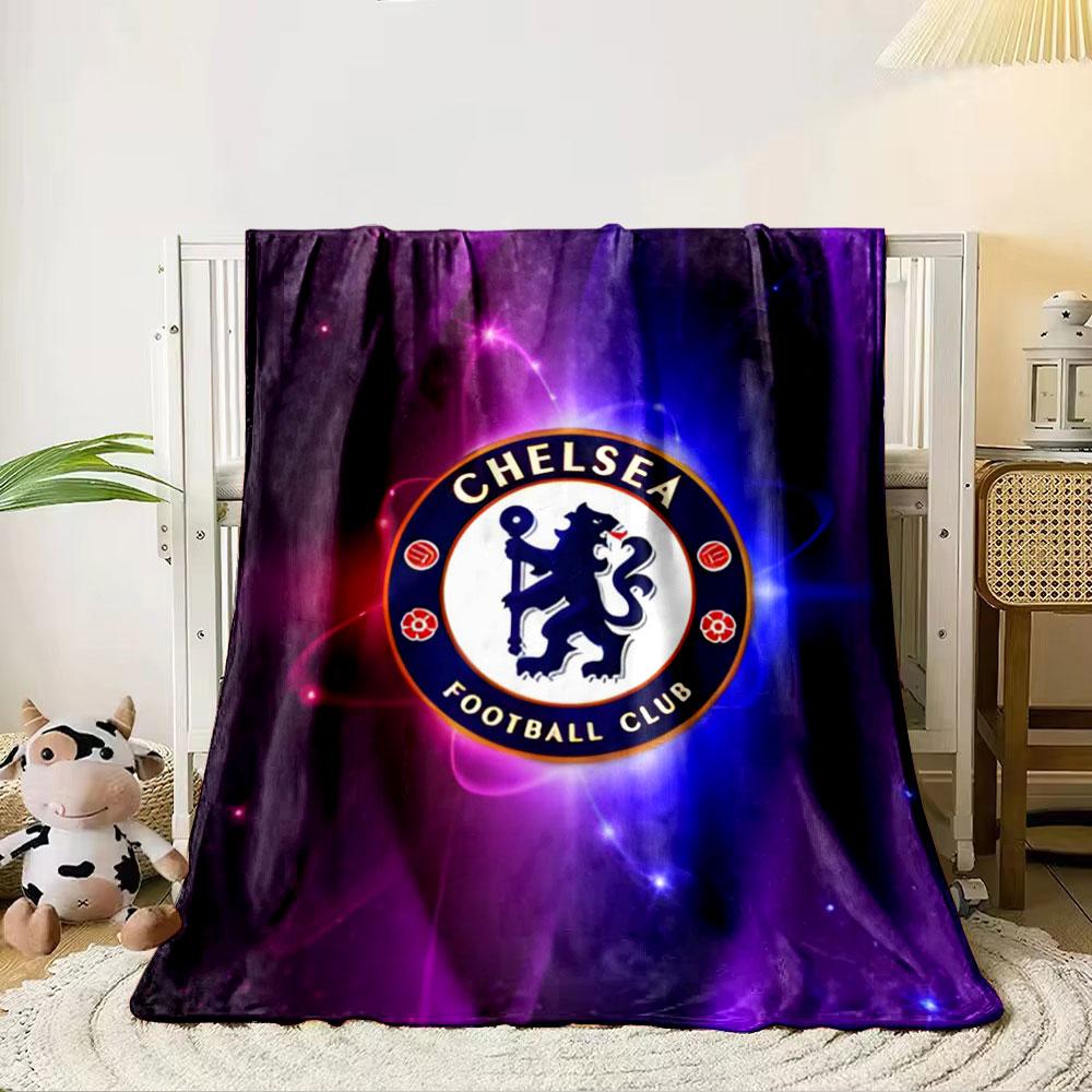 Blue and red glowing swirls surround a circular Chelsea Football Club logo. for all seasons blanket lunch break throw gift