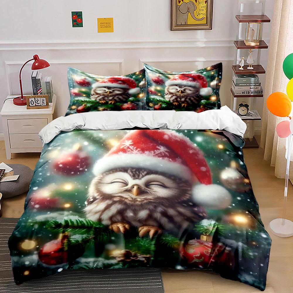 Christmas Owl with Santa Hat Bedding Duvet Cover Set (1*Duvet Cover 2*Pillowcases, without duvet insert)