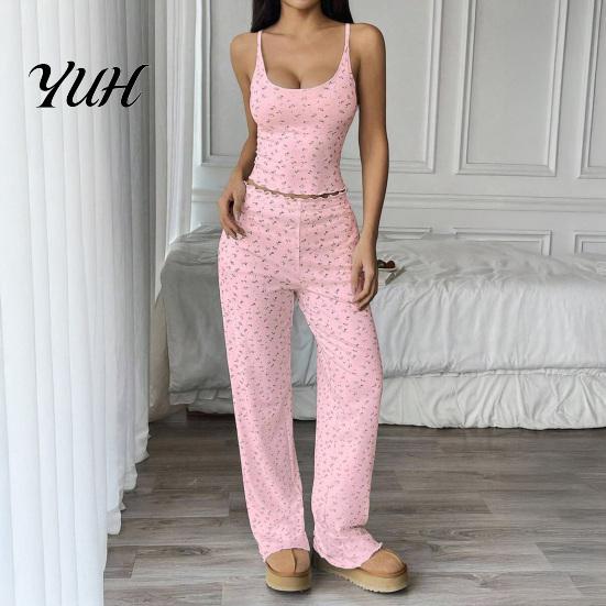 Cute Summer Pajamas with Thin Straps Women Set Floral Print, Sleeveless U Neck Lightweight Sleep Sets for Vacation Camisole And Pants, Sexy