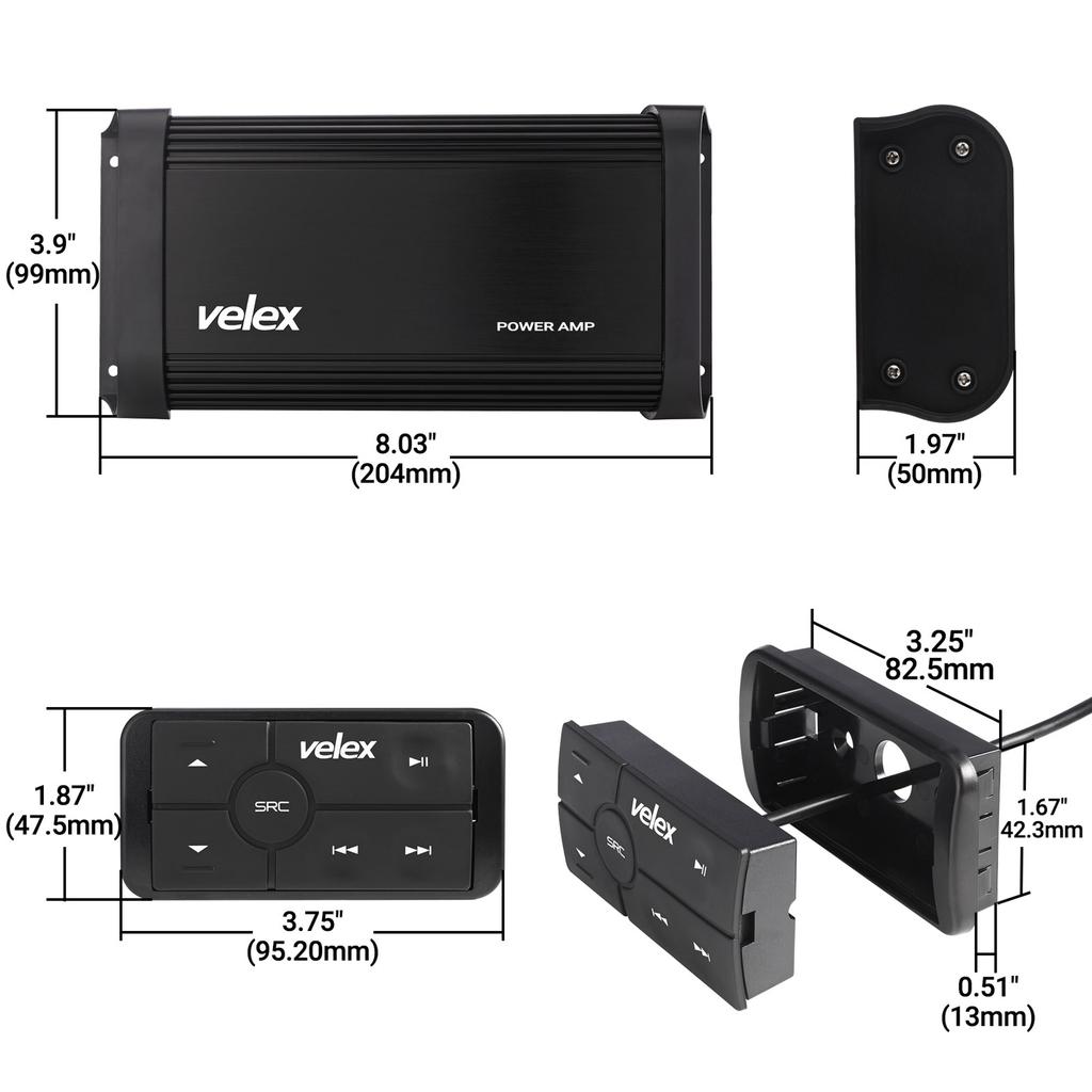 Морской Bluetooth-усилитель класса D, 2 канала по 150 Вт пиковой мощности @4 Ом, с проводным пультом ДУ, мостовое подключение до 300 Вт×1 @8 Ом