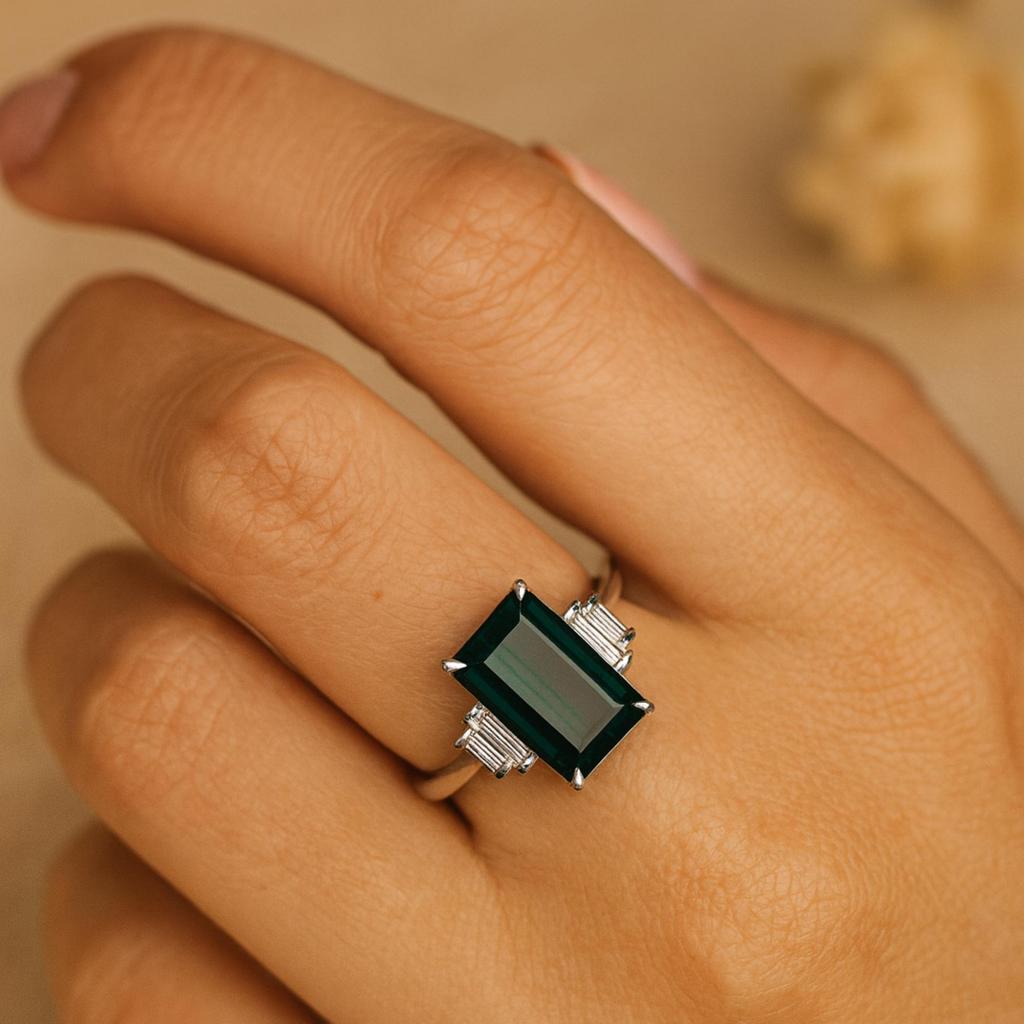 Emerald Cut Emerald Ring for Women | Baguette Cubic Zirconia Side Stones | 925 Sterling Silver Statement Ring | Wedding, Engagement, Anniversary Gift