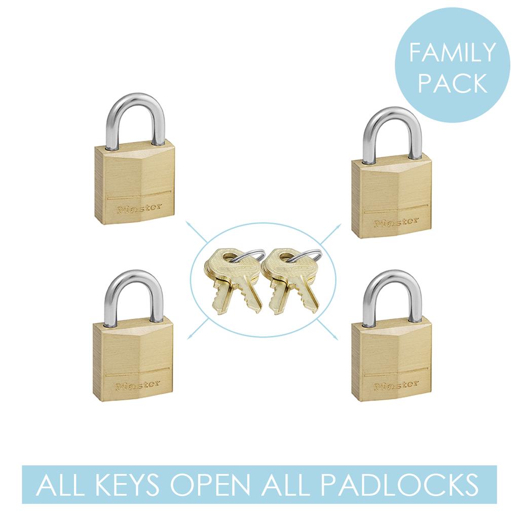Master Lock Pack of 4 Small Brass Padlocks, Keyed Alike, 20x34x10 mm
