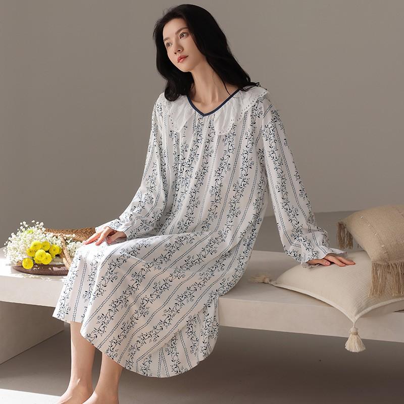 Womens Cotton Long Sleeve Nightgown Soft Loungewear Dress