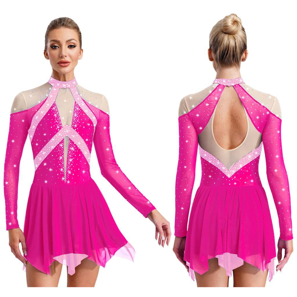 Women Figure Skating Performance Costume Sheer Mesh Rhinestones Leotard Dress for Modern Lyrical Dance Gymnastics Acrobatics