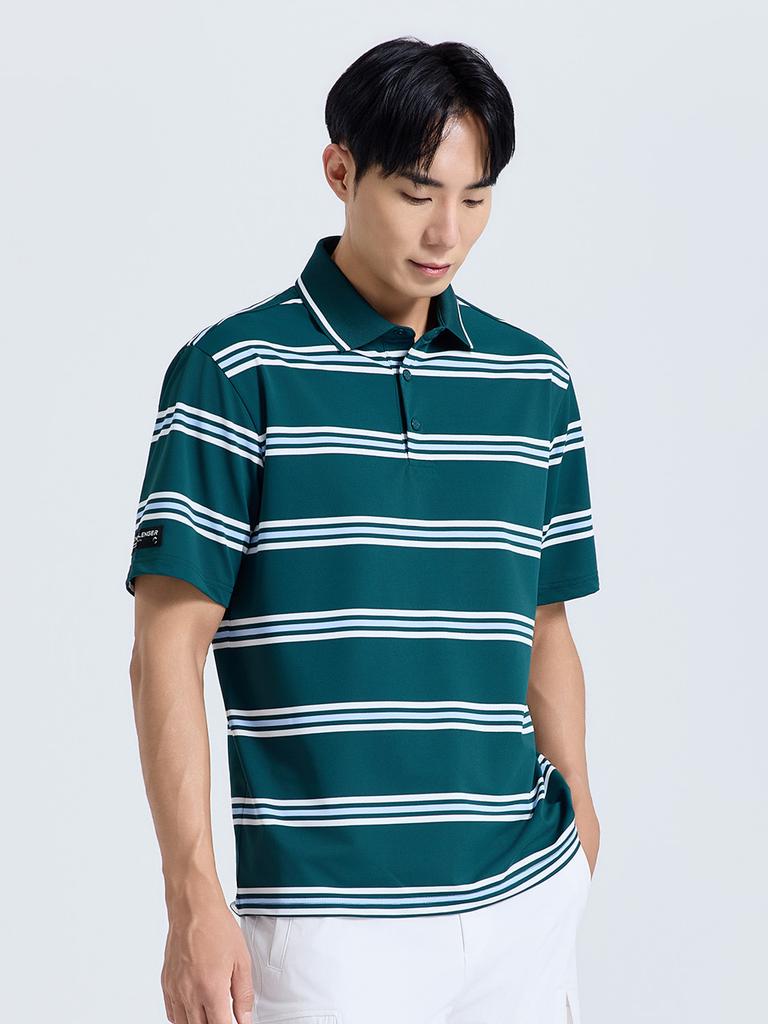 CHALLENGER Men'S Color Point Stripe Collared Short Sleeve T-Shirt Dark Green