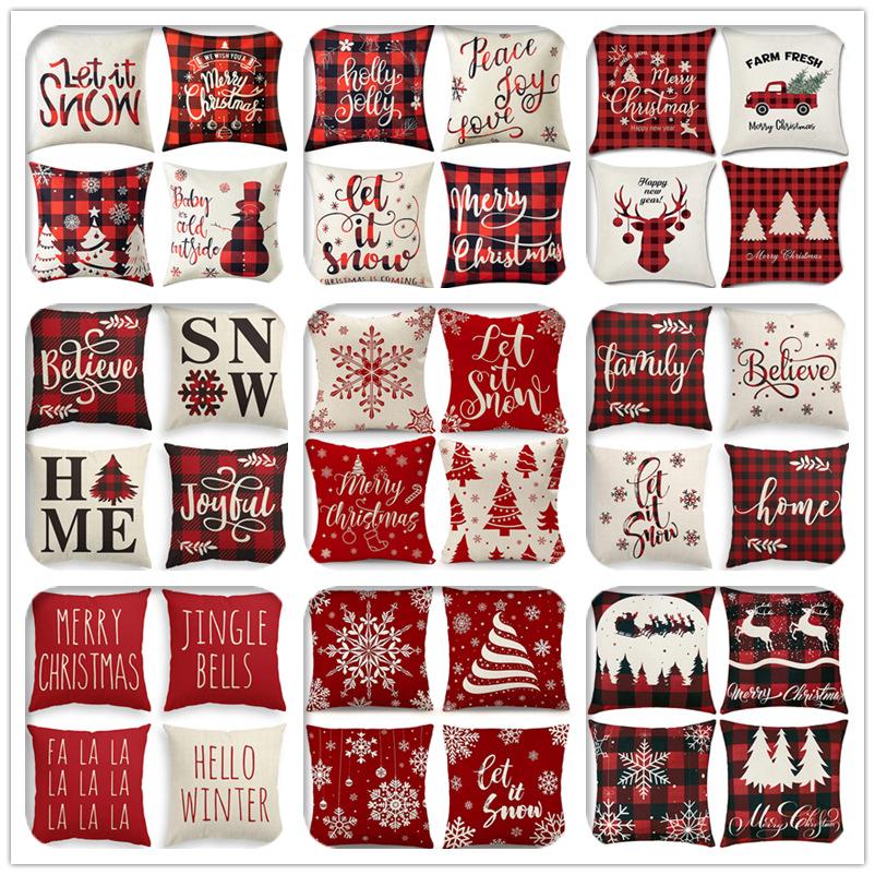 Christmas 4 Piece Throw Pillow Set Red Throw Pillow Sofa Cushion Linen Printed Cushion Bedside Cushion