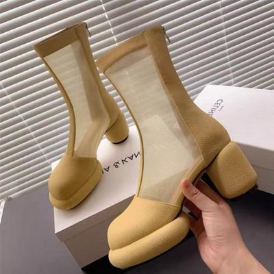 Женские босоножки 2024 года, новые, на круглом каблуке, с толстой подошвой, прозрачные кожаные сетчатые ботинки, женские, на молнии, с высоким задником