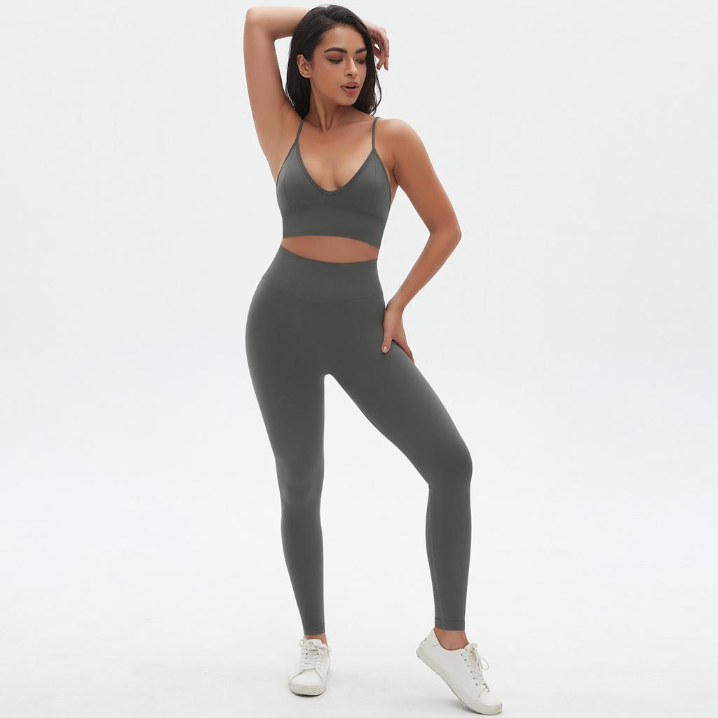 New High Waist And Hip Lifting Tight Pants Set With Strap, Beautiful Back, Sports Bra Set, Fitness Seamless Quick Drying Yoga Two Piece Set, Women'S