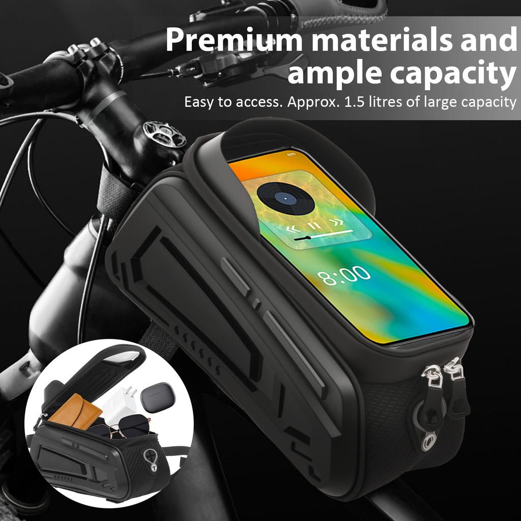 Bike Phone Holder Bag EVA Waterproof Bicycle Front Frame Bag with Zipper Sensitive TPU Touchscreen Outdoor Bike Phone Frame Bag