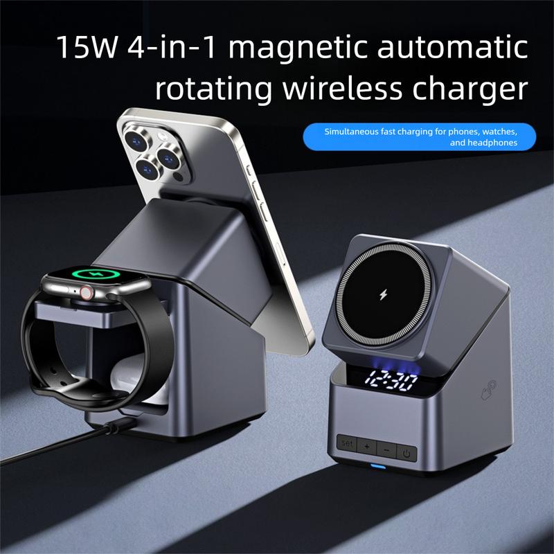 180 ° Electric Rotate 4-in-1 Magnetic Wireless Charger Clock for Magsafe iPhone 16-12 Apple Watch 10-2 AirPods Pro Fast Charging