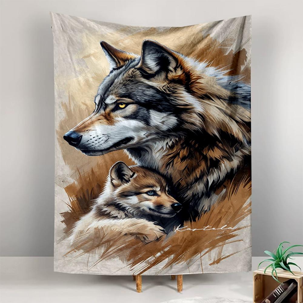 Wall Hanging Tapestry - Wolf Mother and Cub Watercolor Painting Wildlife Nature Art Living Room Bed for Dorm Room