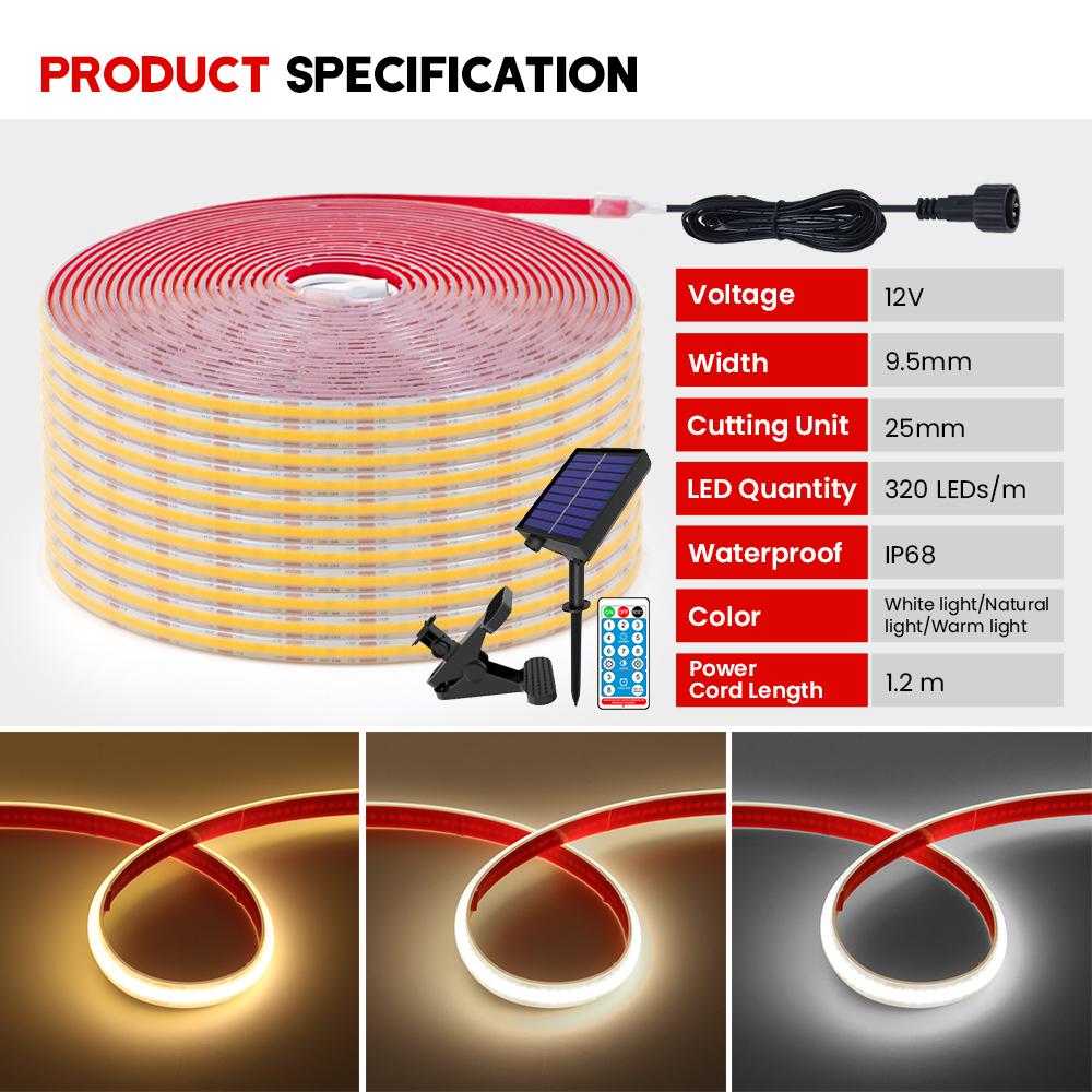 Solar Power LED Strip Light IP68 Waterproof COB LED Strip with Remote 12V Flexible COB Tape for Indoor Outdoor Swimming Pool